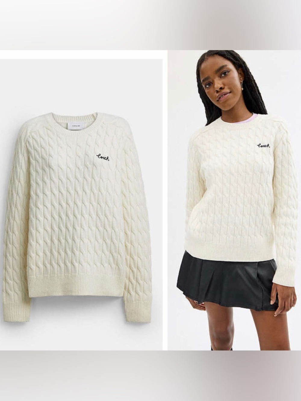 Coach Wool Cashmere Crewneck Cable Knit Sweater Ivory size Small